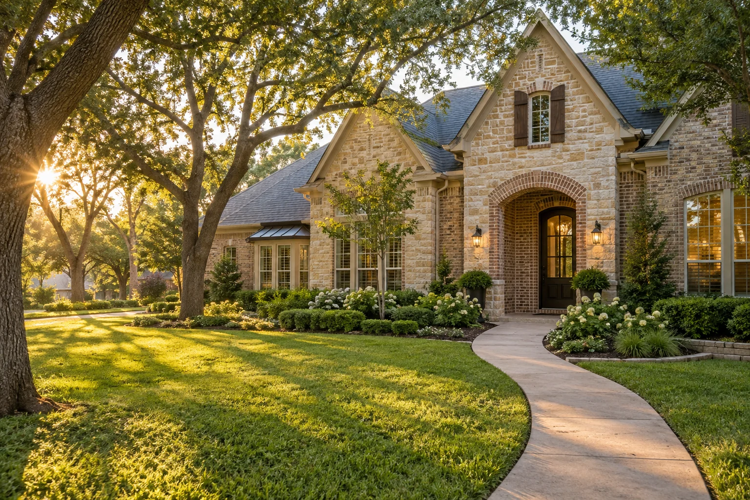 Illustrative sunlit brick home framed by mature trees