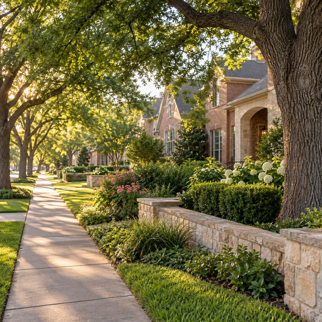 Illustrative tree-lined residential sidewalk in warm afternoon light